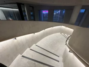 London College of Fashion, Stratford Waterfront | bespoke timber LED handrail | The Light Lab