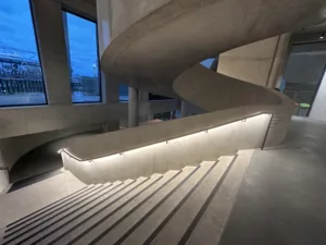 London College of Fashion, Stratford Waterfront | bespoke timber LED handrail | The Light Lab