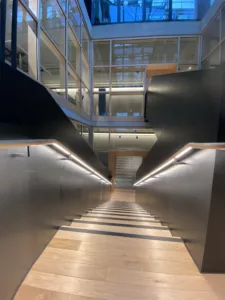 London College of Fashion, Stratford Waterfront | bespoke timber LED handrail | The Light Lab